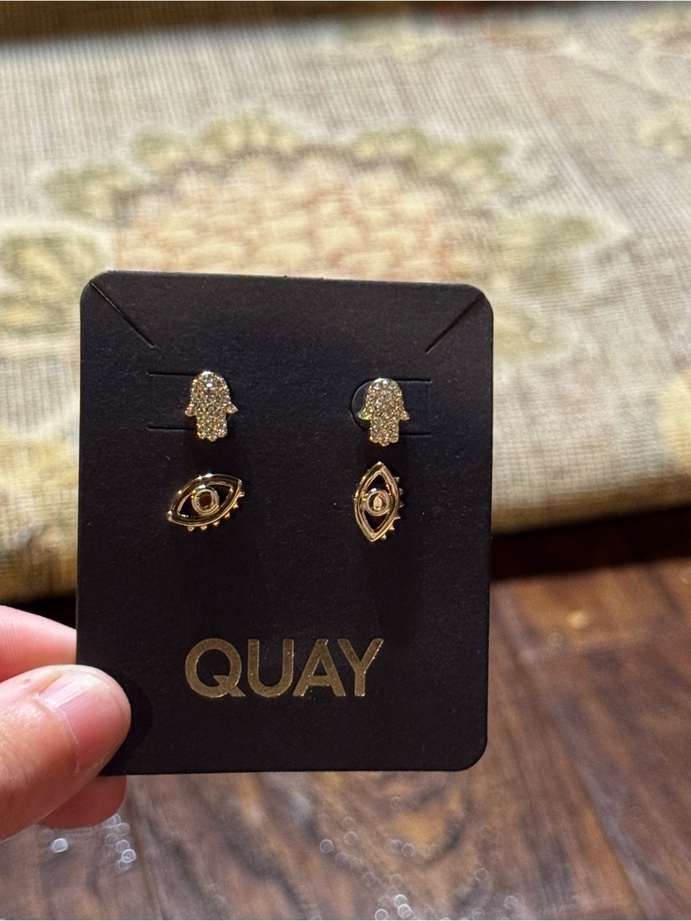 NEW Quay Australia Good Vibes Stud Earring Set Gold Tone Hamsa Hand & Evil Eye